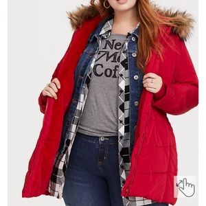 RED FAUX FUR TRIM HOODED FIT & FLARE PUFFER COAT